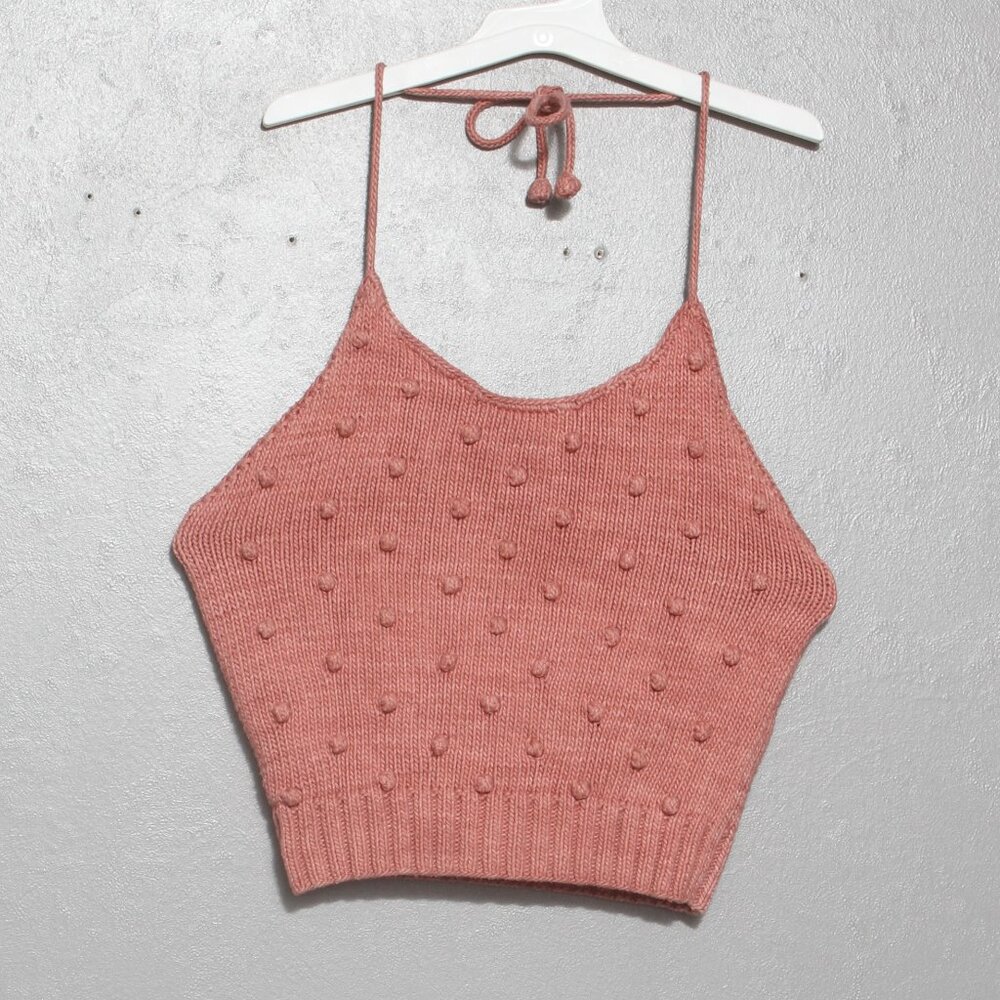 Misha And Puff Pink Knit Halter Pom-Pom Crop Top